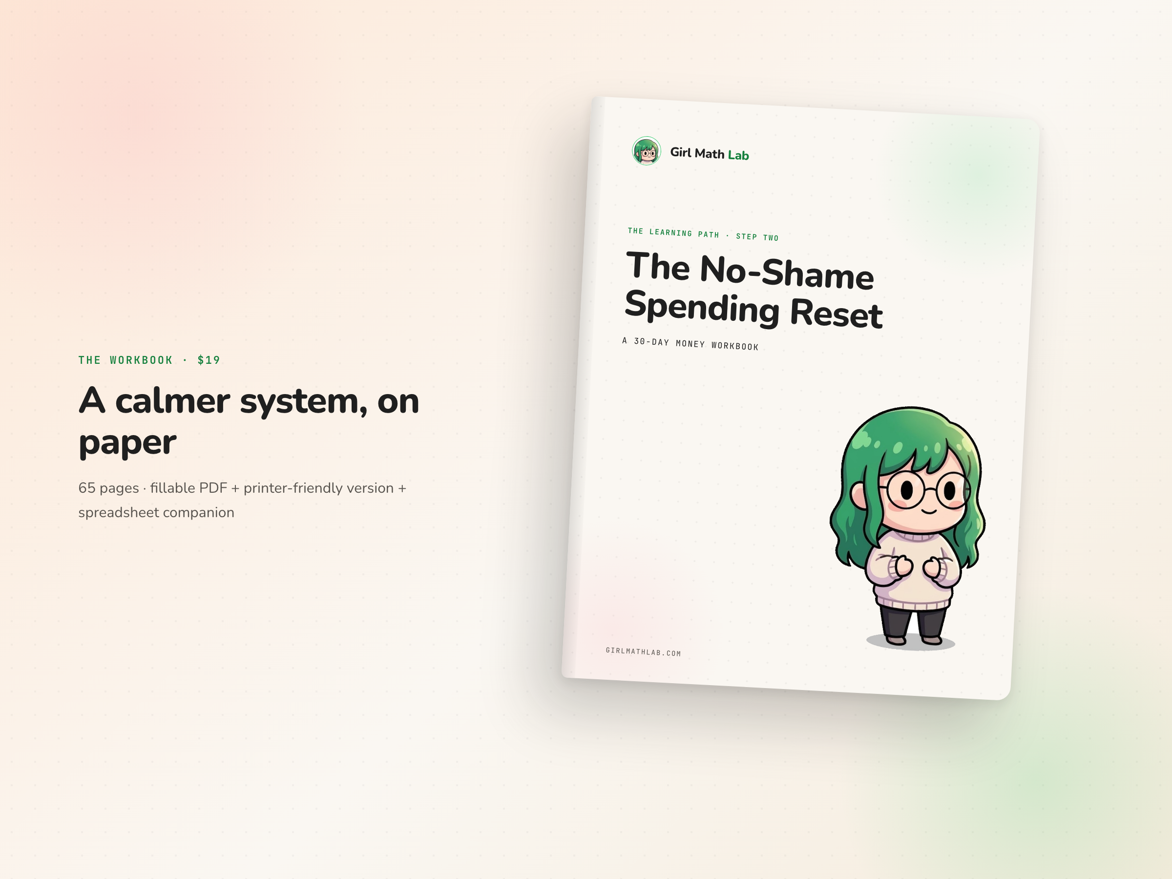 The No-Shame Spending Reset workbook cover, with the Girl Math Lab mascot