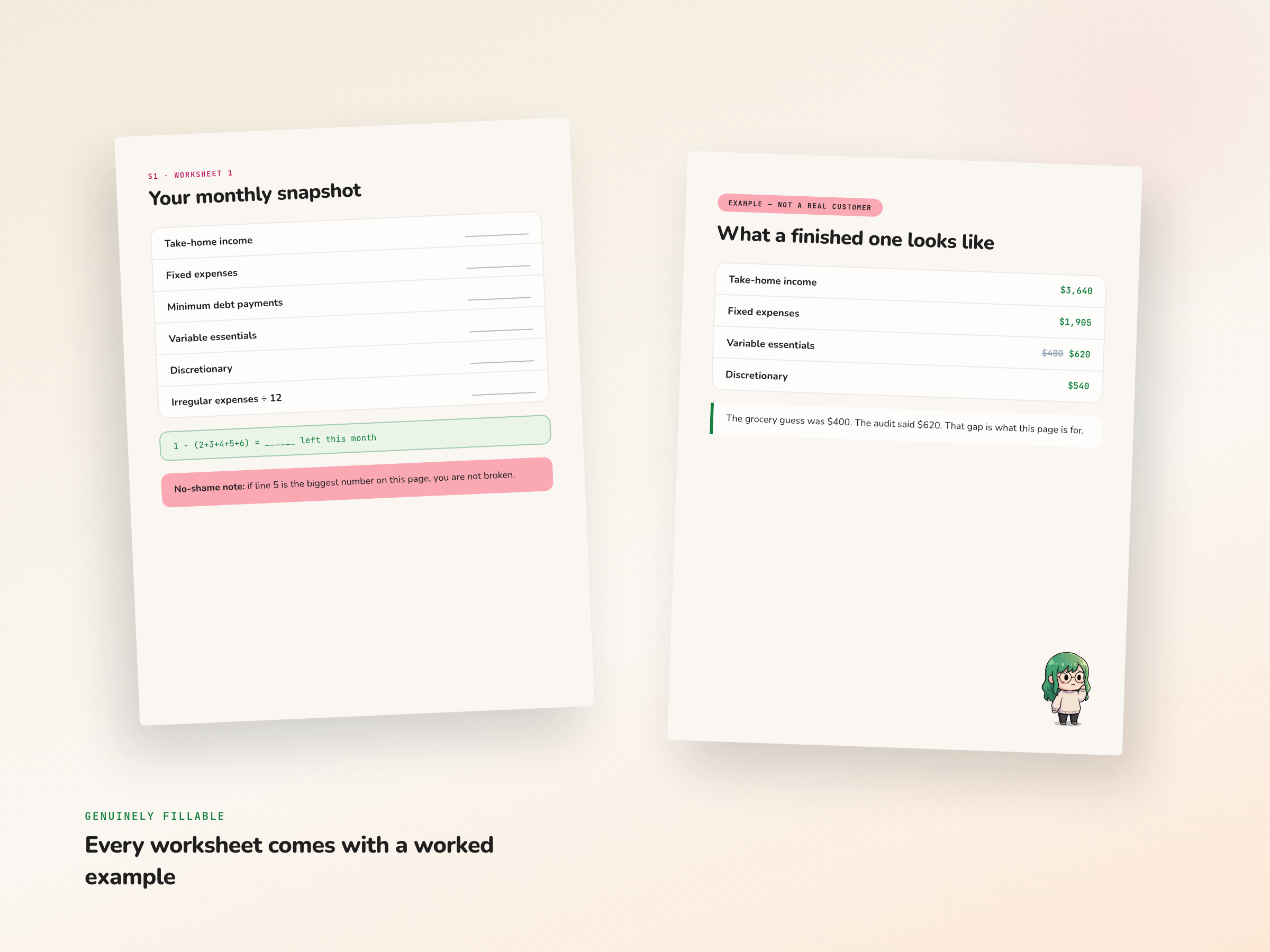Interior spread: the monthly snapshot worksheet next to its worked example